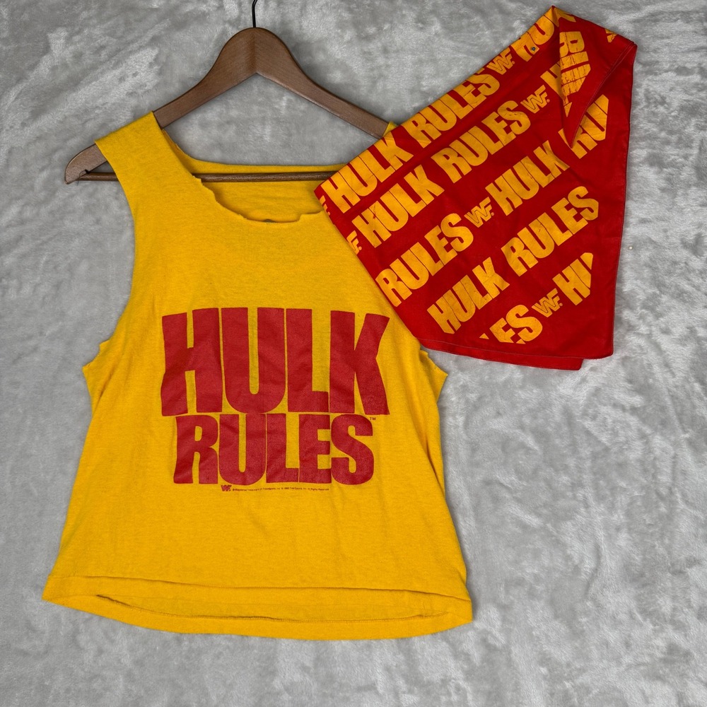 Vintage Kids Hulk Hogan WWF Rules Tank Top & Bandana Set‎ Yellow Vintage 1980s